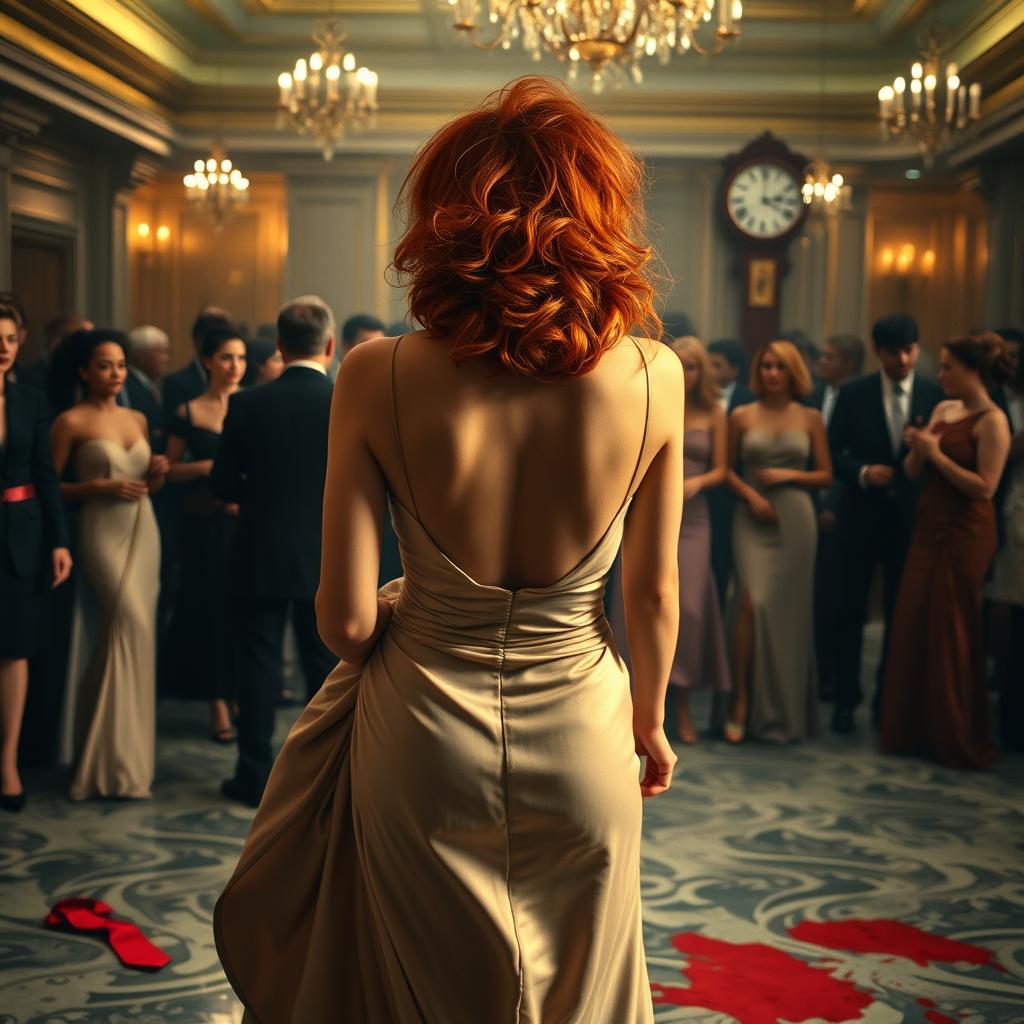 A suspenseful scene in a lavish 1980s ballroom, capturing the back view of a woman with vibrant orange hair styled in a classic 80s fashion