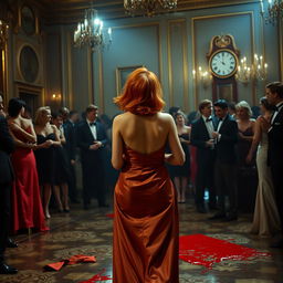 A suspenseful scene in a lavish 1980s ballroom, capturing the back view of a woman with vibrant orange hair styled in a classic 80s fashion