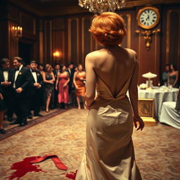 A suspenseful scene in a lavish 1980s ballroom, capturing the back view of a woman with vibrant orange hair styled in a classic 80s fashion