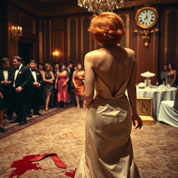 A suspenseful scene in a lavish 1980s ballroom, capturing the back view of a woman with vibrant orange hair styled in a classic 80s fashion