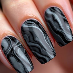 A photorealistic image of a manicure featuring the 'marble onyx' effect