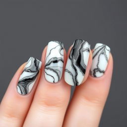 A photorealistic image of a manicure featuring the 'marble onyx' effect