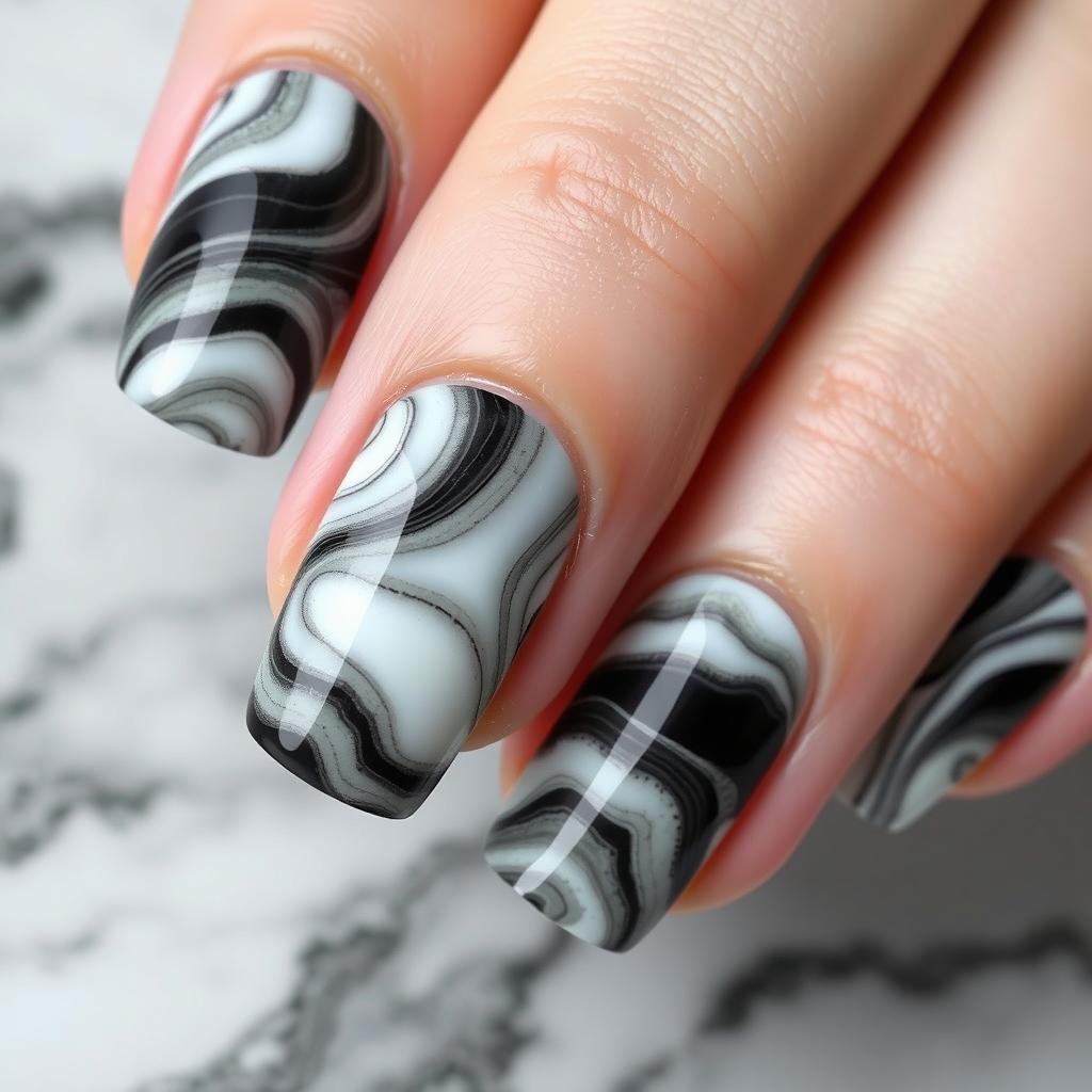 A photorealistic image of a manicure featuring the 'marble onyx' effect