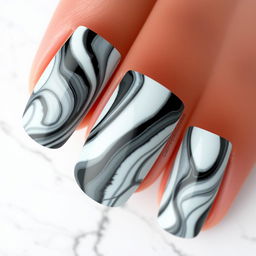 A photorealistic image of a manicure featuring the 'marble onyx' effect