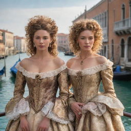 Update the scene to portray Portia, with dark blonde curly hair, dressed in rich, elegant heiress attire, alongside her friend Antonio, the merchant. They are immersed in the magnificent backdrop of Venice.