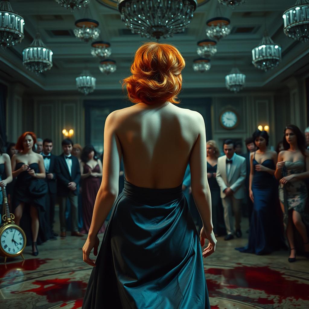 A suspense-filled scene in an expansive 1980s ballroom, featuring a woman with vivid orange hair styled in a classic 80s fashion