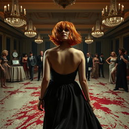 A suspense-filled scene in an expansive 1980s ballroom, featuring a woman with vivid orange hair styled in a classic 80s fashion