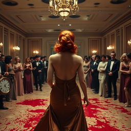 A suspense-filled scene in an expansive 1980s ballroom, featuring a woman with vivid orange hair styled in a classic 80s fashion