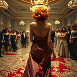 A suspense-filled scene in an expansive 1980s ballroom, featuring a woman with vivid orange hair styled in a classic 80s fashion