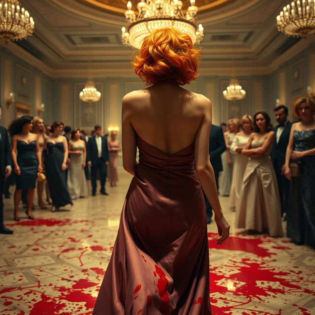 A suspense-filled scene in an expansive 1980s ballroom, featuring a woman with vivid orange hair styled in a classic 80s fashion