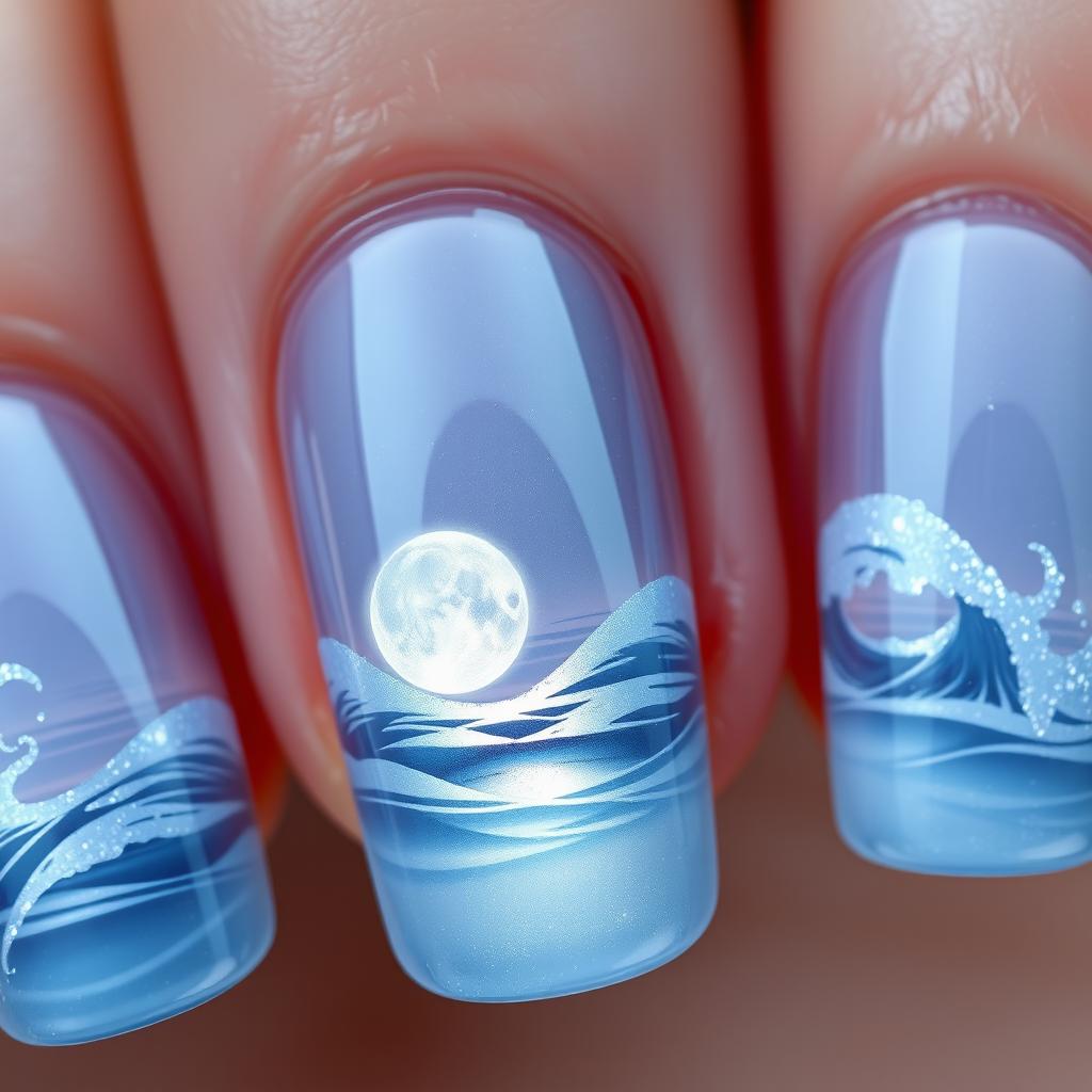 A photorealistic image of a manicure featuring the Moon Lake effect