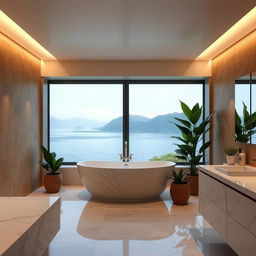 A contemporary bathroom at Lake Como featuring a modern marble interior design intertwined with earthy walls