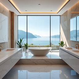 A contemporary bathroom at Lake Como featuring a modern marble interior design intertwined with earthy walls