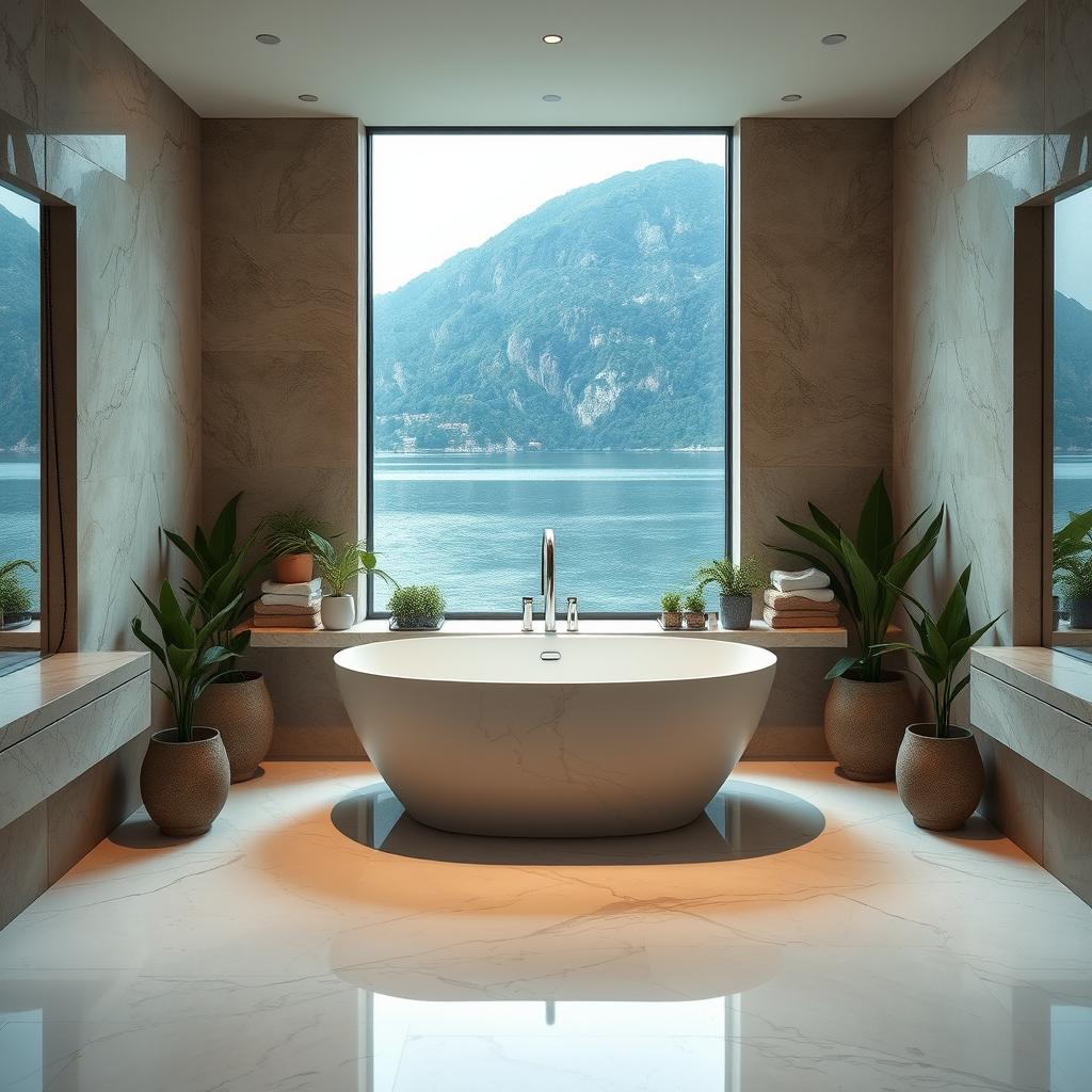 A contemporary bathroom at Lake Como featuring a modern marble interior design intertwined with earthy walls