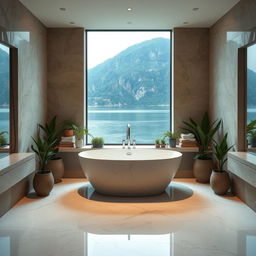 A contemporary bathroom at Lake Como featuring a modern marble interior design intertwined with earthy walls