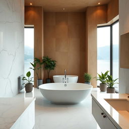 A contemporary bathroom at Lake Como featuring a modern marble interior design intertwined with earthy walls