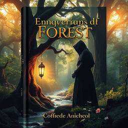 A captivating book cover design featuring an enchanting forest scene at dawn