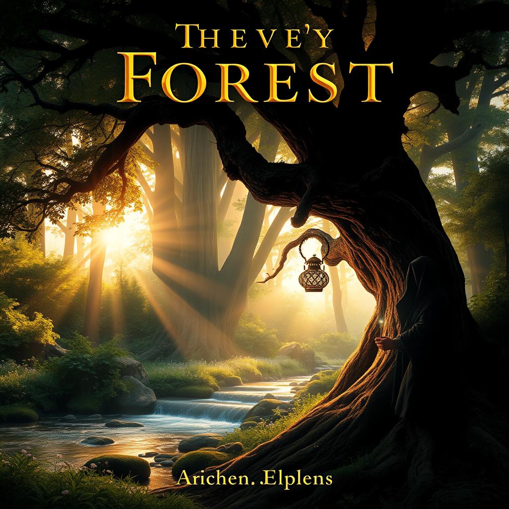 A captivating book cover design featuring an enchanting forest scene at dawn