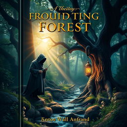 A captivating book cover design featuring an enchanting forest scene at dawn