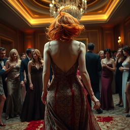 A dramatic scene in a grand 1980s ballroom, depicting a woman with vibrant orange hair styled in an iconic 80s fashion