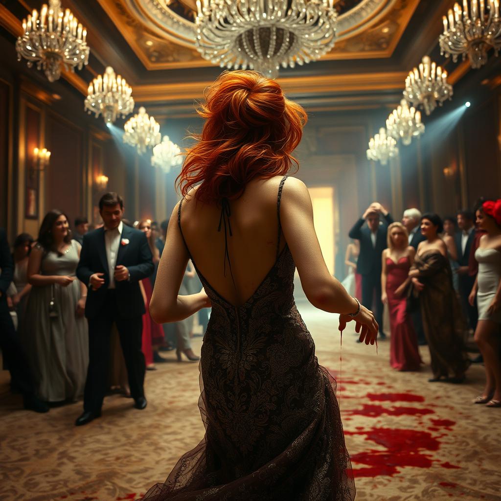 A dramatic scene in a grand 1980s ballroom, depicting a woman with vibrant orange hair styled in an iconic 80s fashion