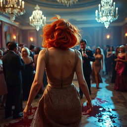 A dramatic scene in a grand 1980s ballroom, depicting a woman with vibrant orange hair styled in an iconic 80s fashion