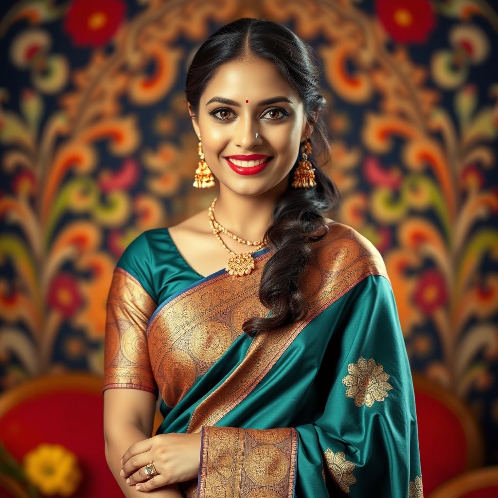 A tasteful representation of an Indian woman wearing a traditional saree, focusing on her elegant pose and the intricate design of the saree's fabric