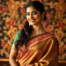 A tasteful representation of an Indian woman wearing a traditional saree, focusing on her elegant pose and the intricate design of the saree's fabric