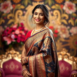 A tasteful representation of an Indian woman wearing a traditional saree, focusing on her elegant pose and the intricate design of the saree's fabric