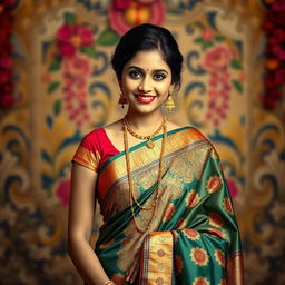 A tasteful representation of an Indian woman wearing a traditional saree, focusing on her elegant pose and the intricate design of the saree's fabric