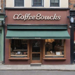 A quaint, inviting coffee shop facade with the name 'Coffe Bucks' printed in elegant, bold fonts on its large signboard.