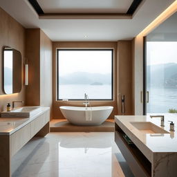 A contemporary bathroom at Lake Como featuring a modern marble interior design combined with earth-toned walls and intentionally no plants