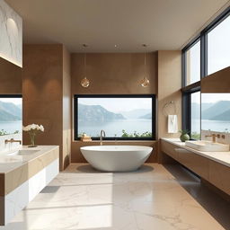 A contemporary bathroom at Lake Como featuring a modern marble interior design combined with earth-toned walls and intentionally no plants