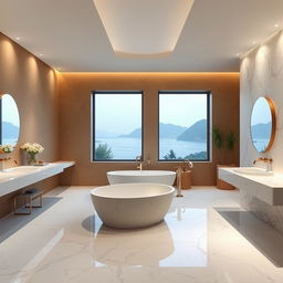 A contemporary bathroom at Lake Como featuring a modern marble interior design combined with earth-toned walls and intentionally no plants