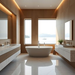 A contemporary bathroom at Lake Como featuring a modern marble interior design combined with earth-toned walls and intentionally no plants