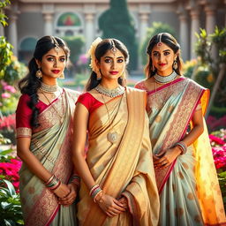 A stunning scene featuring beautiful Indian princesses adorned in traditional, intricately designed sarees