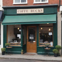 A quaint, inviting coffee shop facade with the name 'Coffe Bucks' printed in elegant, bold fonts on its large signboard.