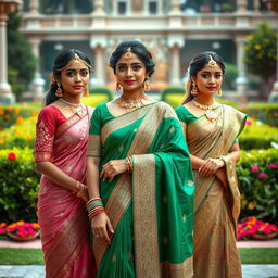 A stunning scene featuring beautiful Indian princesses adorned in traditional, intricately designed sarees