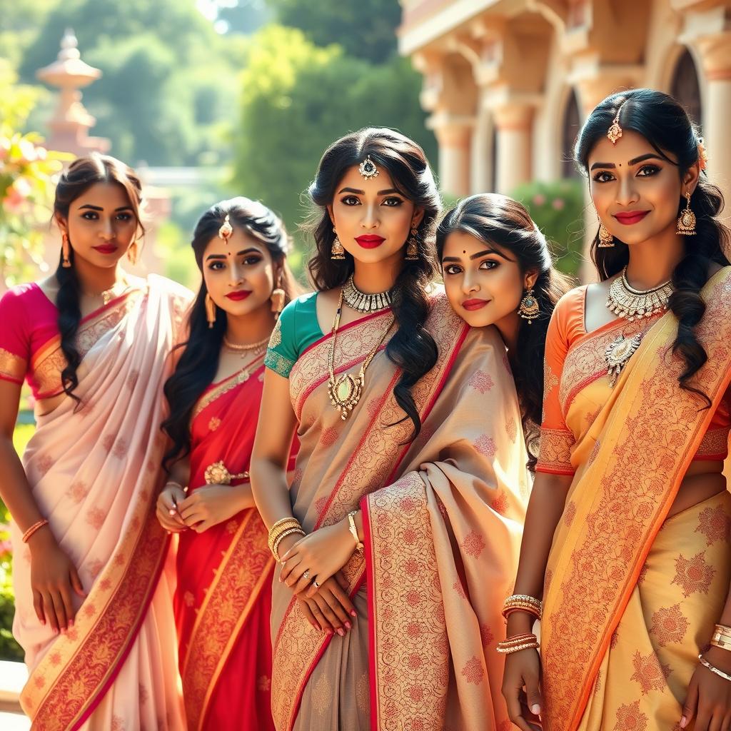 A stunning scene featuring beautiful Indian princesses adorned in traditional, intricately designed sarees