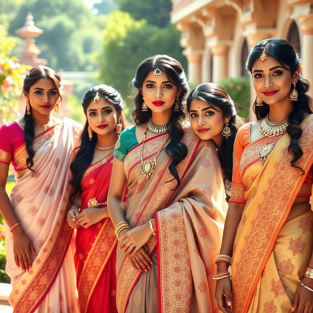 A stunning scene featuring beautiful Indian princesses adorned in traditional, intricately designed sarees