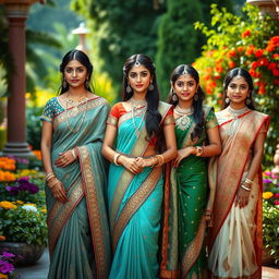 A stunning scene featuring beautiful Indian princesses adorned in traditional, intricately designed sarees