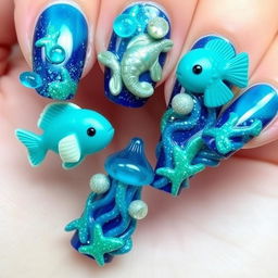 Nails adorned with voluminous elements shaped like sea creatures, including fish and jellyfish