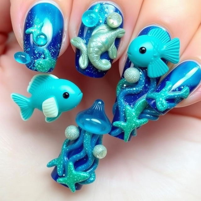 Nails adorned with voluminous elements shaped like sea creatures, including fish and jellyfish