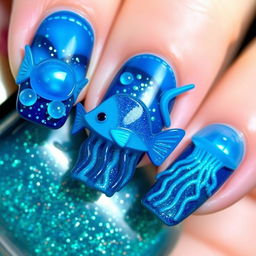 Nails adorned with voluminous elements shaped like sea creatures, including fish and jellyfish