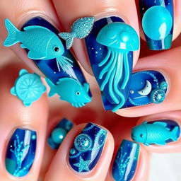 Nails adorned with voluminous elements shaped like sea creatures, including fish and jellyfish