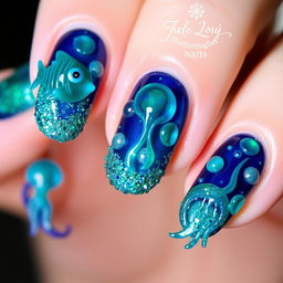 Nails adorned with voluminous elements shaped like sea creatures, including fish and jellyfish