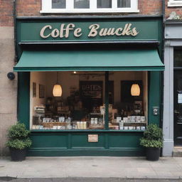 A quaint, inviting coffee shop facade with the name 'Coffe Bucks' printed in elegant, bold fonts on its large signboard.