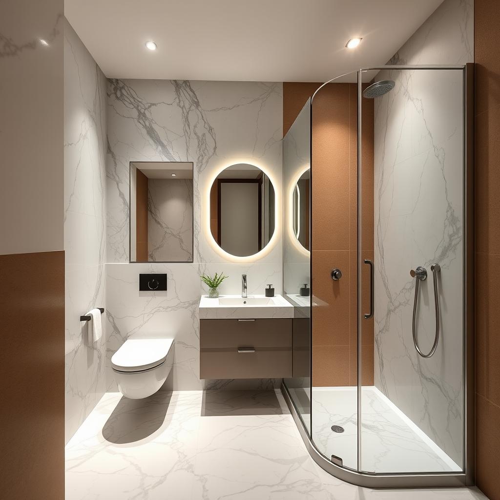 A small yet stylish bathroom near Lake Como, showcasing a modern marble interior design paired with earthy walls and intentionally no plants