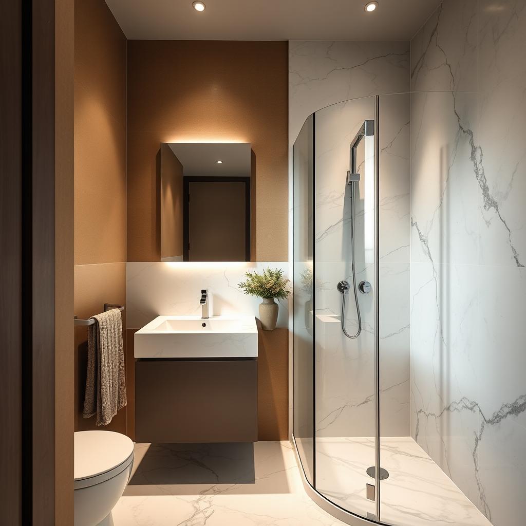 A small yet stylish bathroom near Lake Como, showcasing a modern marble interior design paired with earthy walls and intentionally no plants