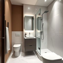 A small yet stylish bathroom near Lake Como, showcasing a modern marble interior design paired with earthy walls and intentionally no plants